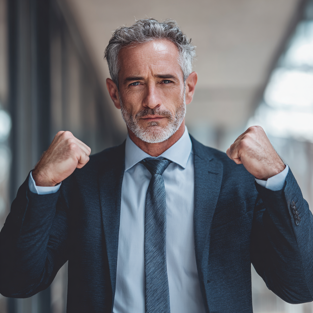 Confident mature businessman in business suit showing strength and vitality after successful health transformation