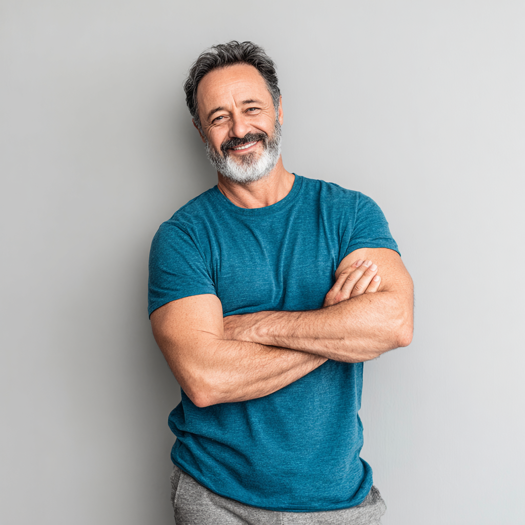 Happy middle-aged man in casual clothes showing improved physical condition and confident posture after health program completion