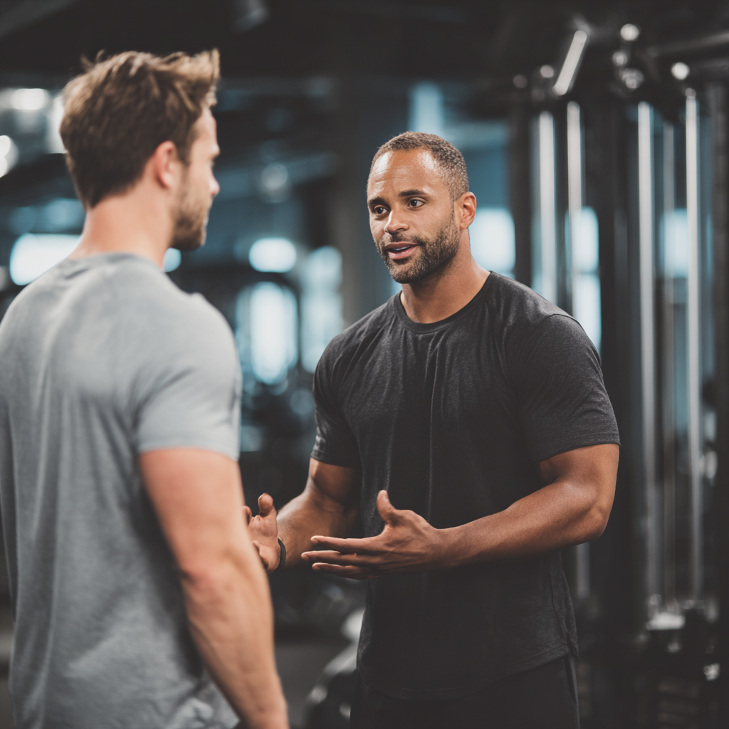Professional male fitness coach guiding client through personalized workout routine in modern gym setting